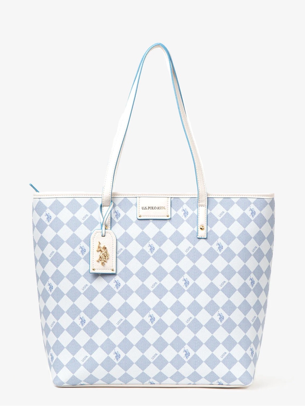 U.S. Polo Assn. Light Blue and White Diamond-Check Tote